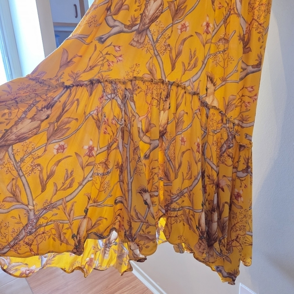 H&M Johanna Ortiz Women's Yellow Floral Boho Frill Summer Midi Crepe Dress Sz XS - Picture 14 of 16
